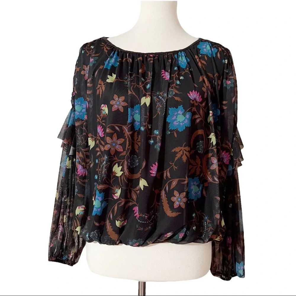 Free People Wildflower Honey Stretch‎ Mesh Floral Ruffle Blouse
